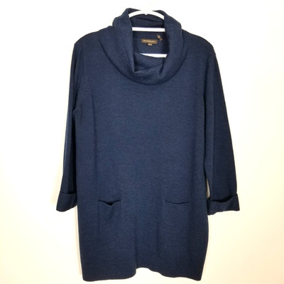 Repeat Women Cowl Neck Merino Wool Tunic Sweater Sz S Blue Pockets Lagenlook
