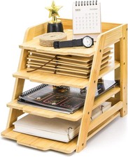 4 Tier Wood Paper Organizer for Desk Bamboo Letter Tray File Folder, Mail