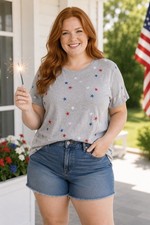 Lucky Brand Gray Embroidered Red White Blue Star Cotton Tee Short Sleeve 2X NWT