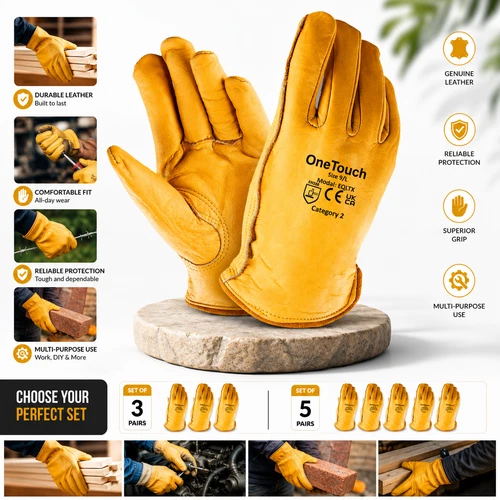 5 Pairs Leather Driver Work Gloves Fleece Lined Yellow Lorry Truck HGV Gloves