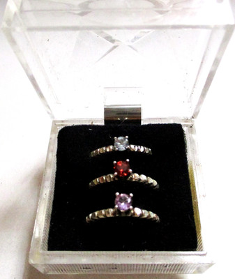 RARITIES CAROL BRODIE 3 RING SET, STERLING SILVER, GARNET,AQUAMARINE & AMETHYST