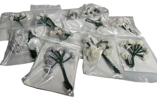 Vintage Craft Lot Satin Ribbon Roses & Wire Stem White Ivory Cream Mix Assorted - Picture 6 of 8