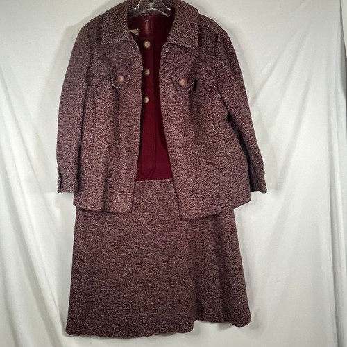 Vintage 50s 2 Piece Dress Set Burgundy Button Front Dress Tweed Jacket Outfit L - Picture 7 of 8