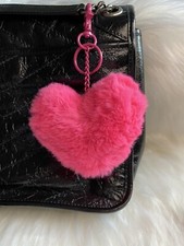 Pink Heart Pom Pom Keychain Bag Charm Clip To Purse Fluffy Soft Gift For Her