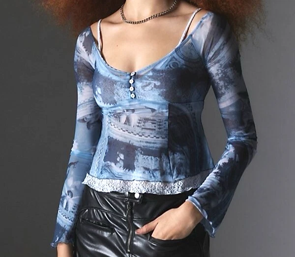 Urban Outfitters Y2K Silence + Noise Daphne Cold-Shoulder Mesh Lace Top L Blue