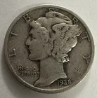 1938 P Mercury Dime, Circulated, Fine Details 90% Silver, Free shipping #MD1938P