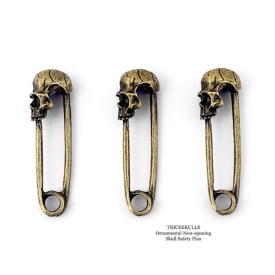 (3) Skull Head Non-Opening Retro Bronze Safety Pins Ornaments Charms DIY Crafts