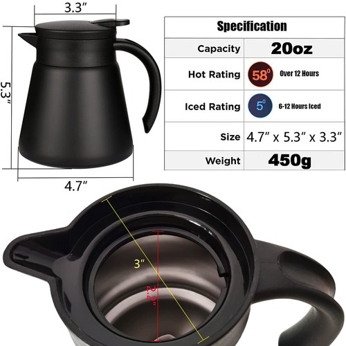 Thermal Coffee Carafe Tea Pot 20 Oz Stainless Steel Insulation Pot Double Wall V - Picture 2 of 8