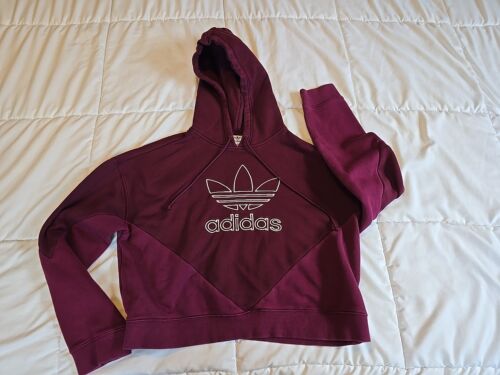 Adidas Crop Hoodie Maroon Fleece Line Cotton Womens Medium Pull Over Draw String - Picture 1 of 11