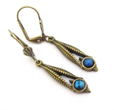 Abalone Earrings Ocean Blue Paua Shell Ornate Victorian Revival Antiqued Brass