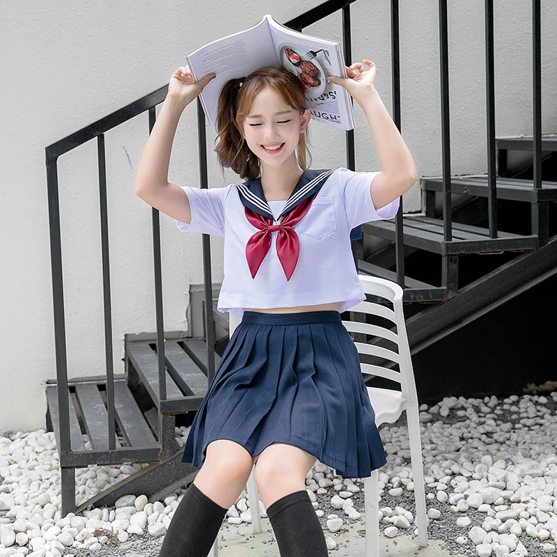 Cosplay School Girl Uniform Sailor Dress Suit Blouse Pleated Skirt set