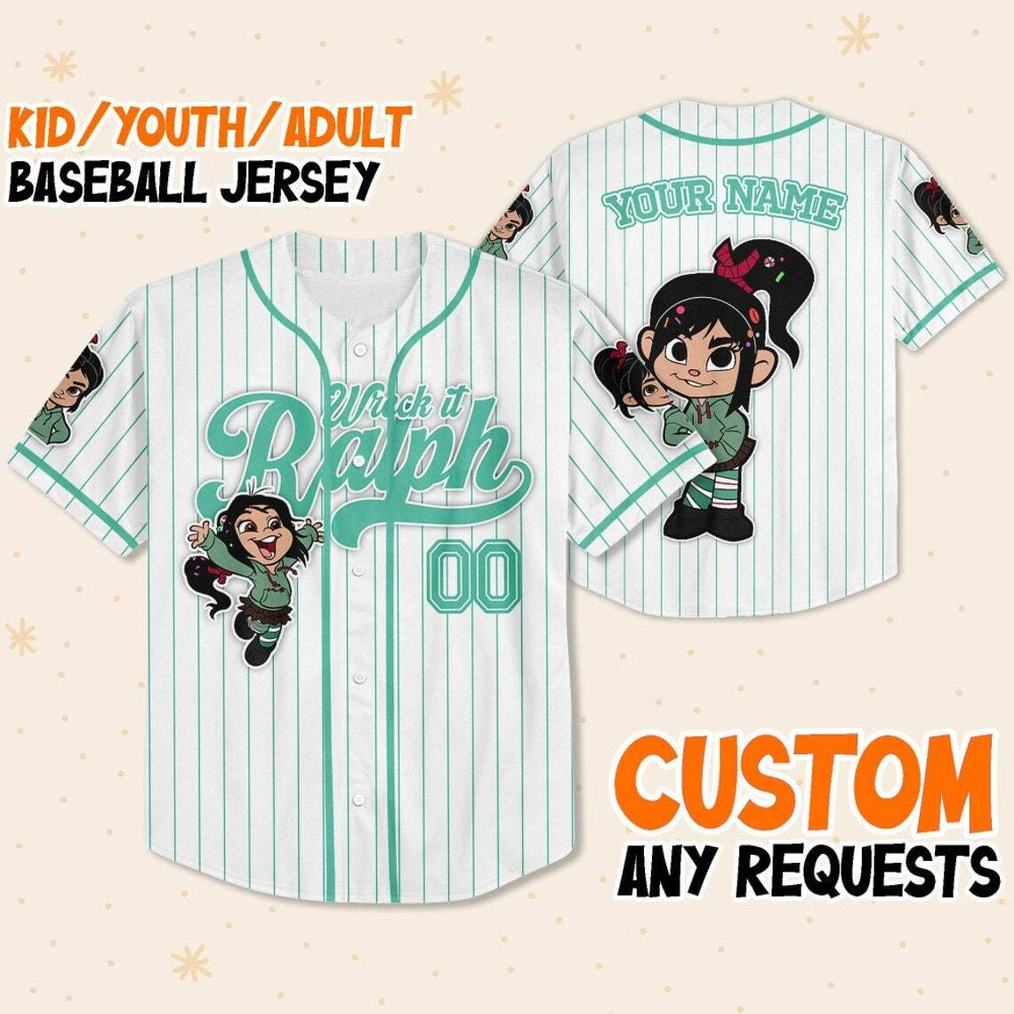 Custom Disney Wreck it Ralph Vanellope Simple Stripe, Custom Baseball Jersey