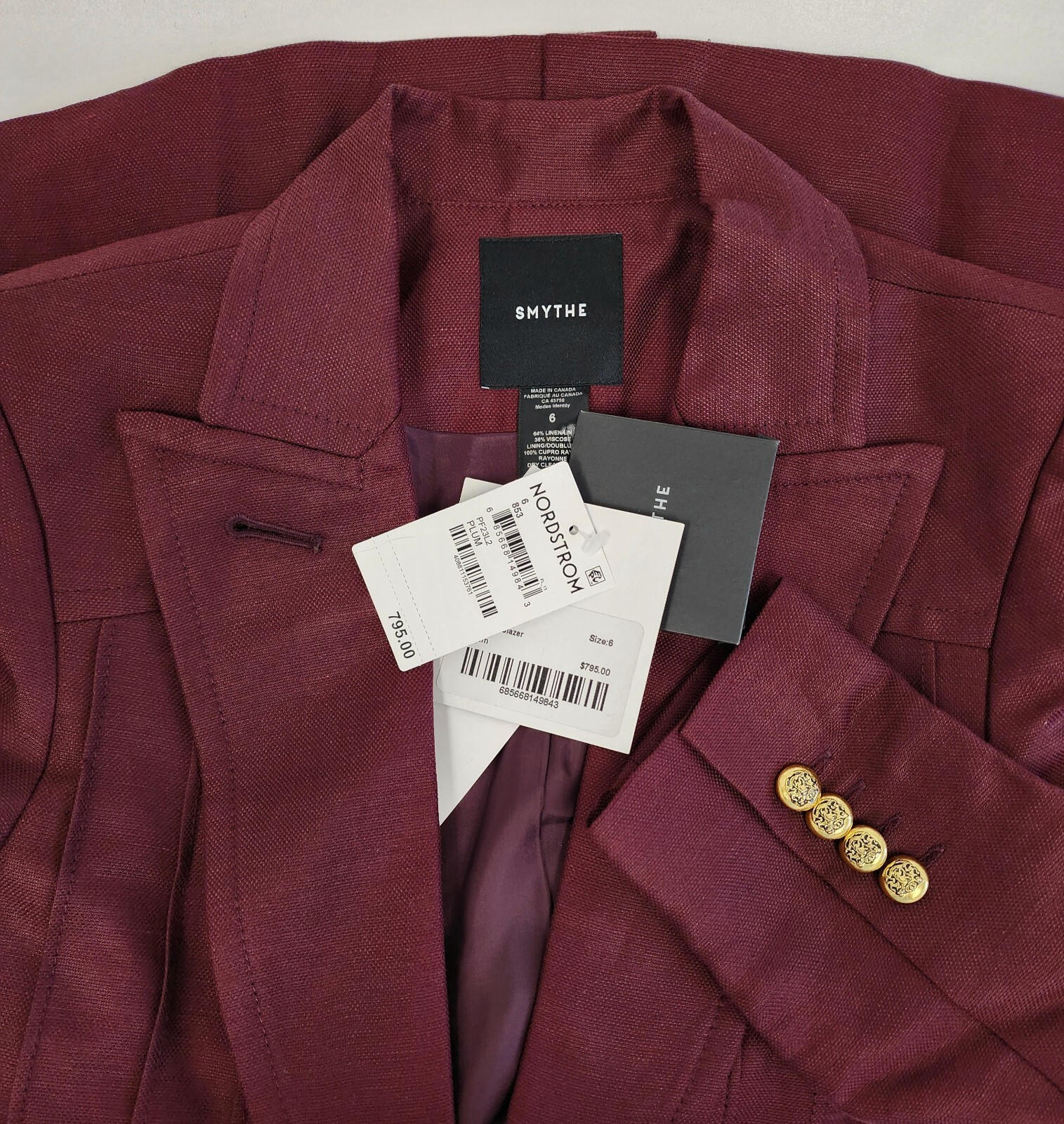 Smythe Women's Pintuck Linen Blend Blazer Jacket in Plum Size 6