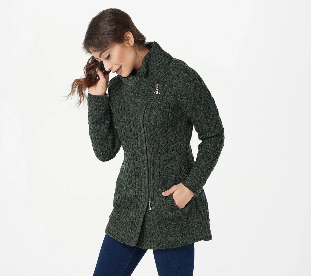 Aran Craft Merino Wool Long Asymmetric Zip Front Sweater Cardigan Size  Petite L | eBay