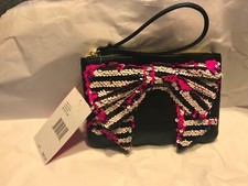 Betsey Johnson Black / Pink White Large Sequin Bow Wristlet / Clutch NWT
