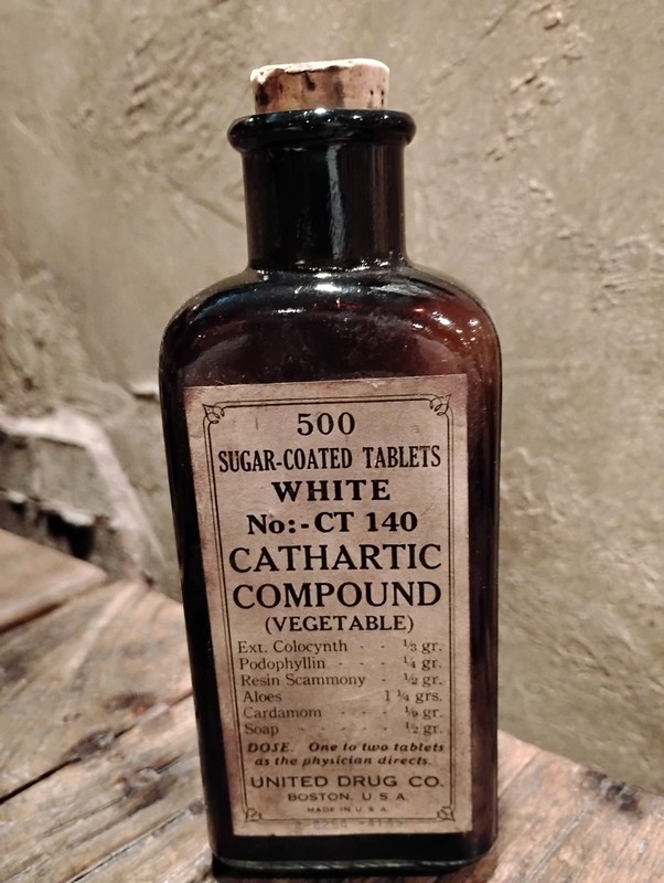 Antique 1910s Apothecary Sugar-Coated Tablets White Cathartic Compound Bottle