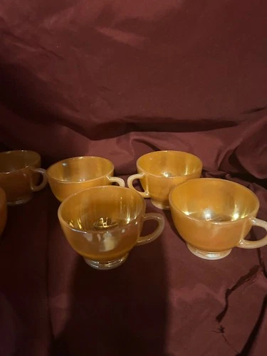 Vintage Fire-King Peach Lustre Cup set of  6  from the 1950s 2.5in  tall  3 in d