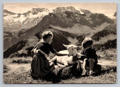Vintage Swiss Alps Postcard Children with Goat by Photo W. Studer Bern