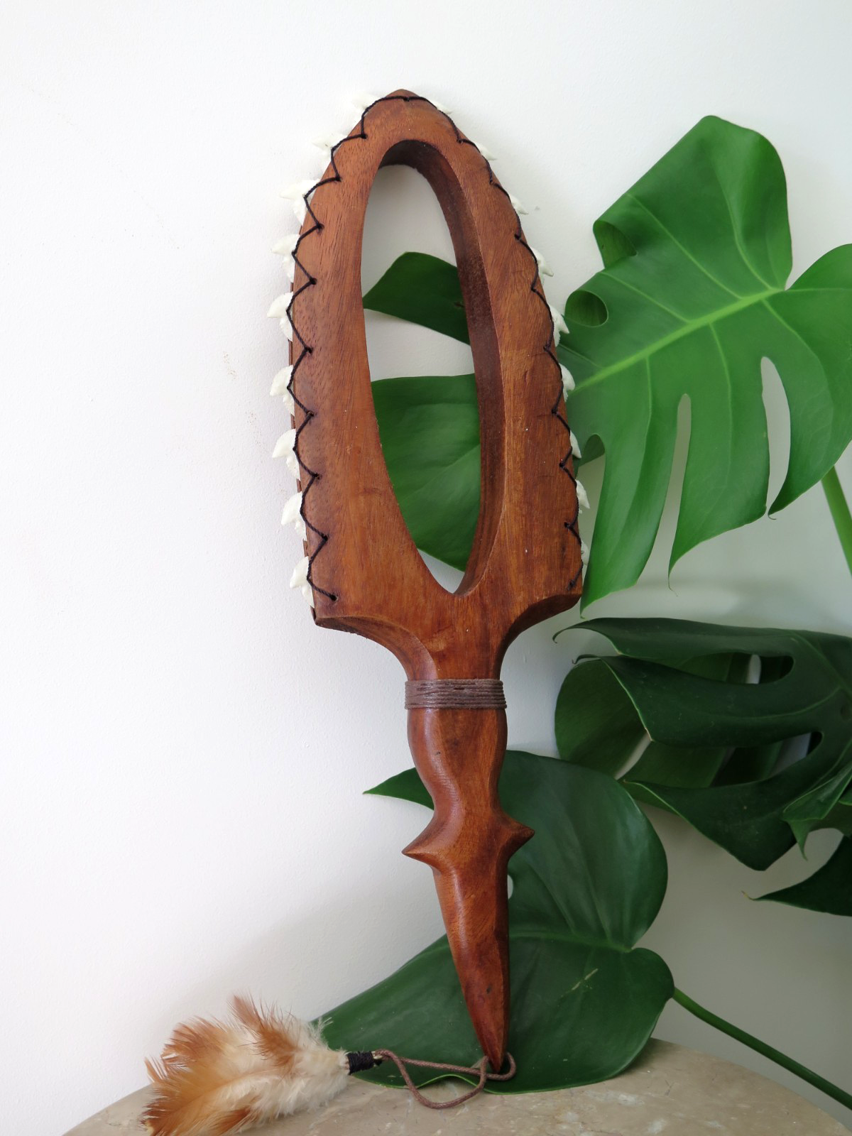 Hawaii Hand Made Wall Decor Wood Carved Lei O Mano Resin Shark Teeth Polynesian