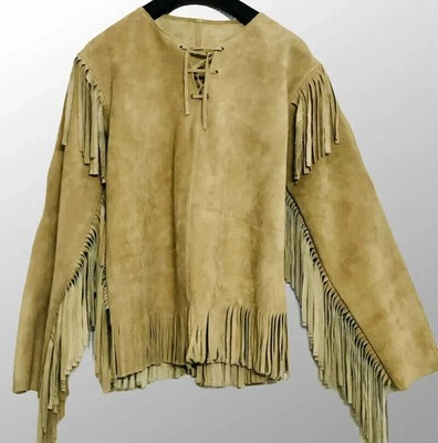 Men Western Cowboy Suede Fringe Shirt Native American Fringe Leather Jacket