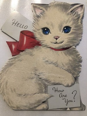 Vtg Get Well Greeting Card Adorable White Kitten Cat Blue Faux Gem Eyes Red Bow