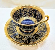 Rare Vintage Alka Bavaria Cobalt Demitasse Cup & Saucer Raised Gold Encrusted