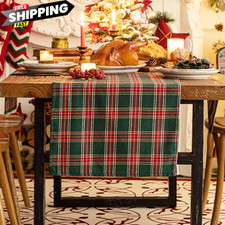 Green Red Plaid Christmas Table Runner, Winter 13x90",