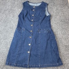 Womens Small Denim Front Button Dress Sleeveless Dark Wash Blue Mini Pockets