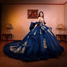 Sparkly Navy Blue Princess Ball Gown Quincea era Dresses Beading Crystals