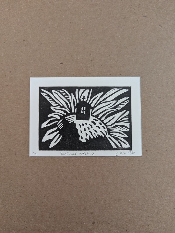 ACEO linocut sunflower floral, architecture, black and white
