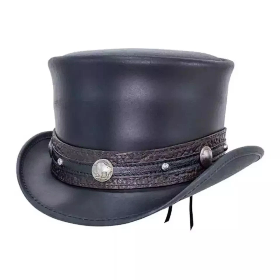 Men's Steampunk Leather Top Hat Gothic Victorian Cowboy Biker Costume Cap Black - Image 2 of 3