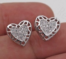 New 18K White Gold Filled Cutout Heart Shaped Clear CZ Accented Stud Earrings