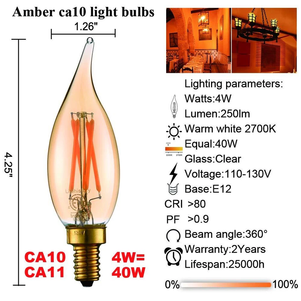 Litehistory Dimmable 4W 2200K Amber CA10 Led Bulb E12 Candelabra Led 250Lm 40W F - Image 4 of 4