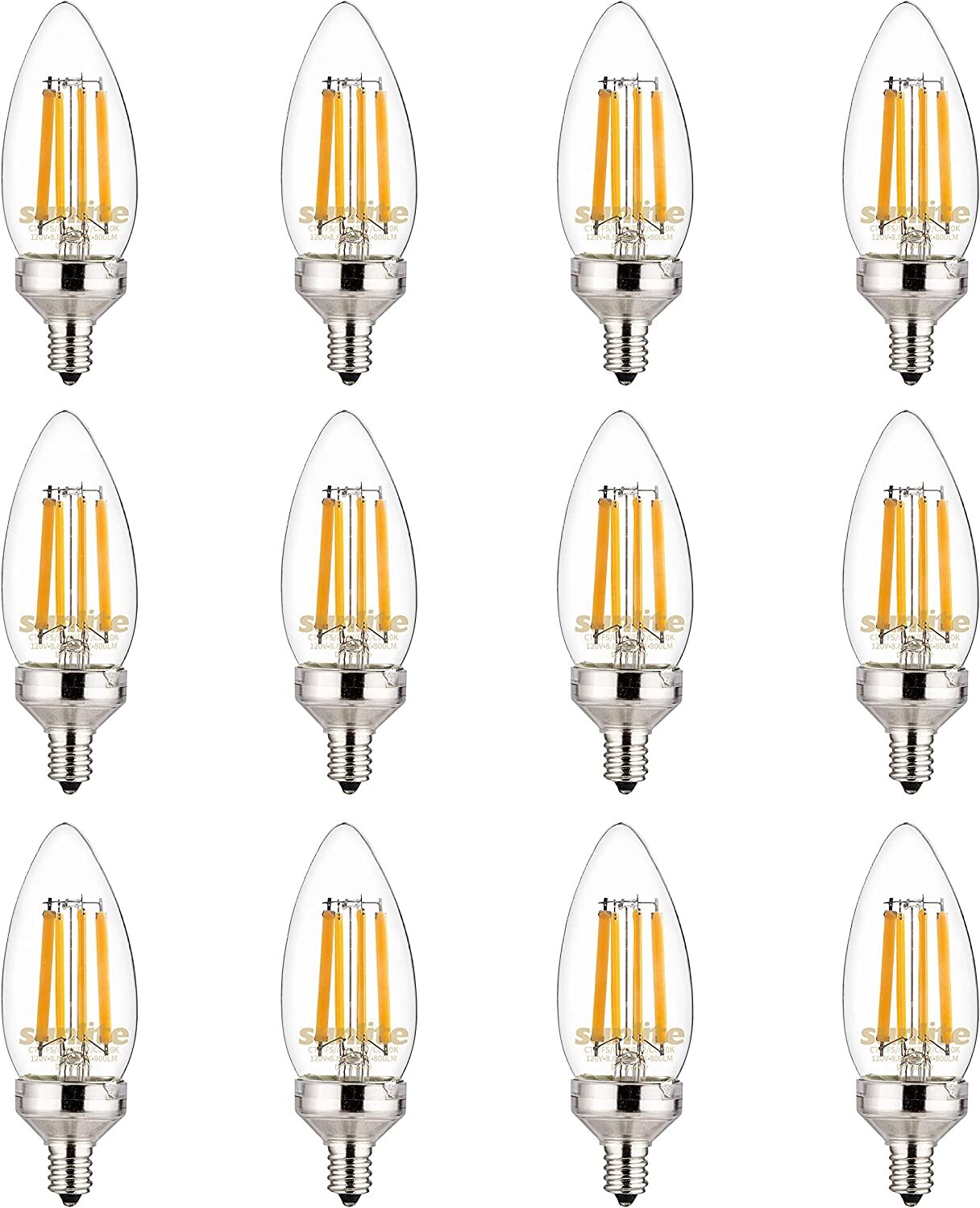 Sunlite LED B11 Torpedo Tip Chandelier Light Bulb, 7.5 Watts  Dimmable, 12-Pack