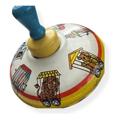 Vintage Ohio Art Tin Mechanical Spinning Top/w Zoo Animals  Train 5.5"D Circus