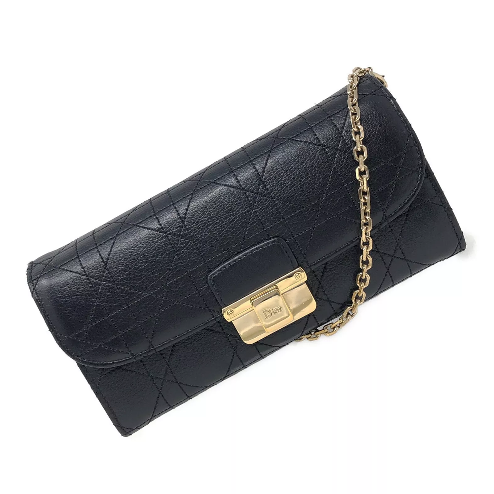 Portefeuille chaîne de rendez vous cousu Christian Dior Cannage peau de veau noire