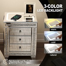 Modern LED Mirrored Nightstand Silver Side Table 3 Drawers,Wireless Charging,USB