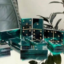 Emerald&Gold Epoxy Resin Dominoes with Case,Dominoes Set, Domino Game Set