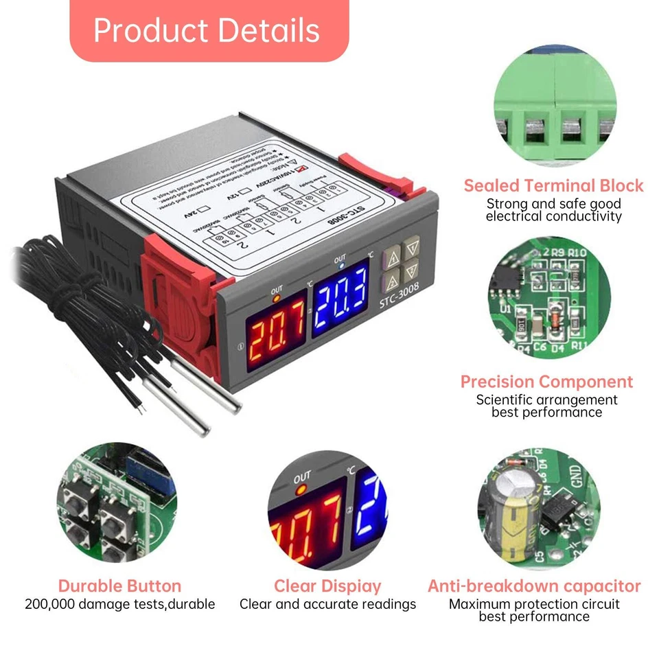 STC-3008 Thermostat Numérique Contrôleur de Température à Double Affichage Nu... - Photo 4/4