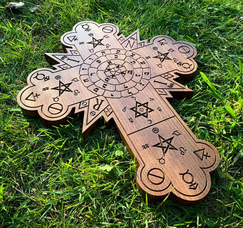 THE ROSE CROSS - Large Oak Carving Hanging Hermetic Rosicrucian