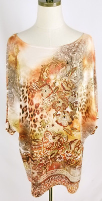 NWT French Blue Womens Size 2X Peach Floral, Animal Print Blouse Top Rhinestones