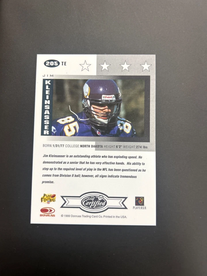 1999 Leaf Certified #205 Jim Kleinsasser RC Vikings  - Image 2 of 2