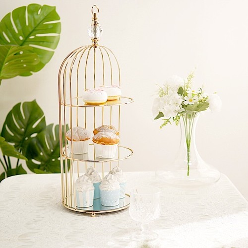 22-Inch Gold 3 Tier Metal Mirror Glass Hanging Bird Cage CUPCAKE STAND Party - Picture 8 of 9