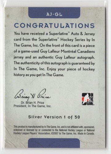 2007-08 In The Game Superlative Jerseys Auto JERSEY Guy Lafleur /50 #AJ-GL - Picture 2 of 2