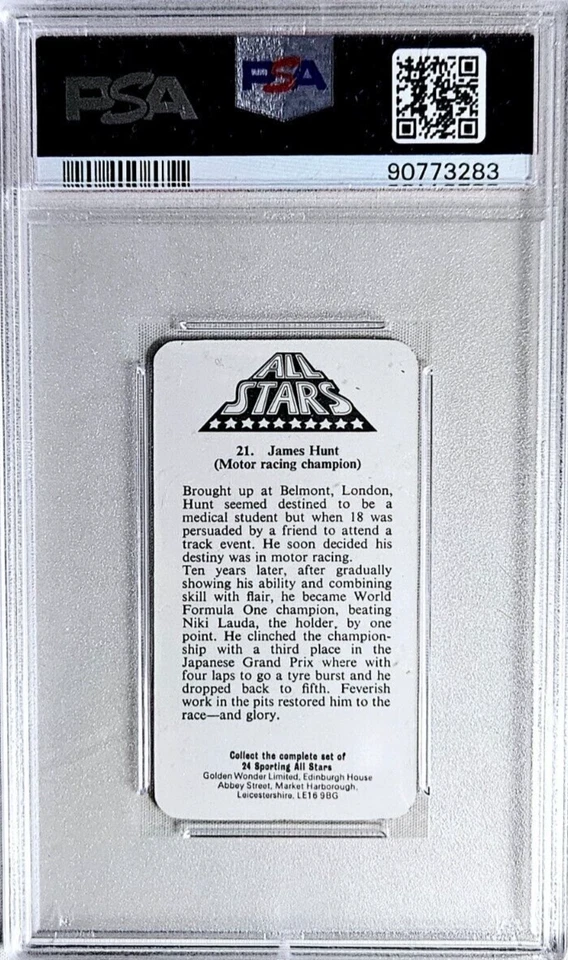 1979 Golden Wonder All-Stars #21 James Hunt F1 Racing Card PSA 10 Gem Mint - Image 2 of 4