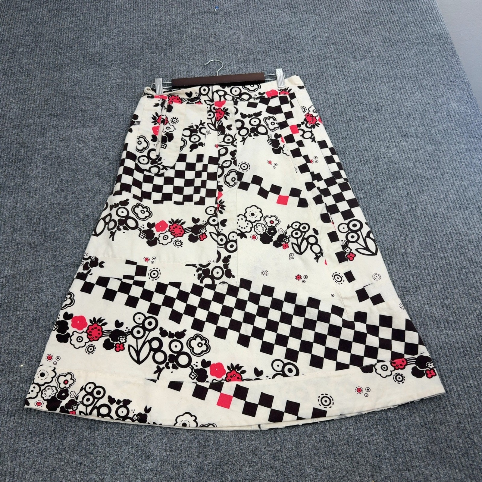 Marni Skirt Womens 44 White Cotton Checkered Floral Print Midi Mod Retro Style