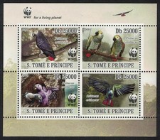 Sao Tome Birds WWF Grey Parrot 4v Block of 4 WWF Logo 2009 MNH MI#3777-3780