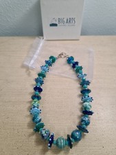 New Handmade Lampwork Raised Glass Beaded Blue Green Silver 16 Inch Necklace