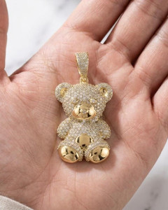 Authentic 4Ct Round Real Moissanite TEDDY BEAR 2" Charm Pendant 14k Gold Plated With Chain