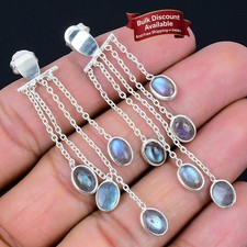 Labradorite Gemstone 925 Silver Screw Back Drop Dangle Trendy Earrings Jewelry